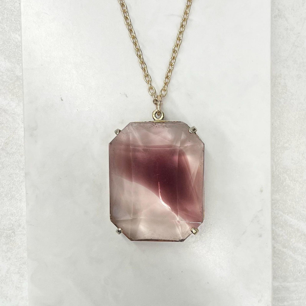 Vintage 1960‘s Gold Tone Large Rectangular Amethyst Glass Pendant Necklace with a 24” Chain MillyOliverVintage
