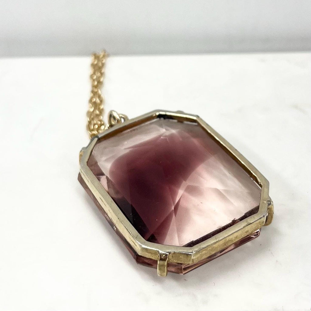 Vintage 1960‘s Gold Tone Large Rectangular Amethyst Glass Pendant Necklace with a 24” Chain MillyOliverVintage