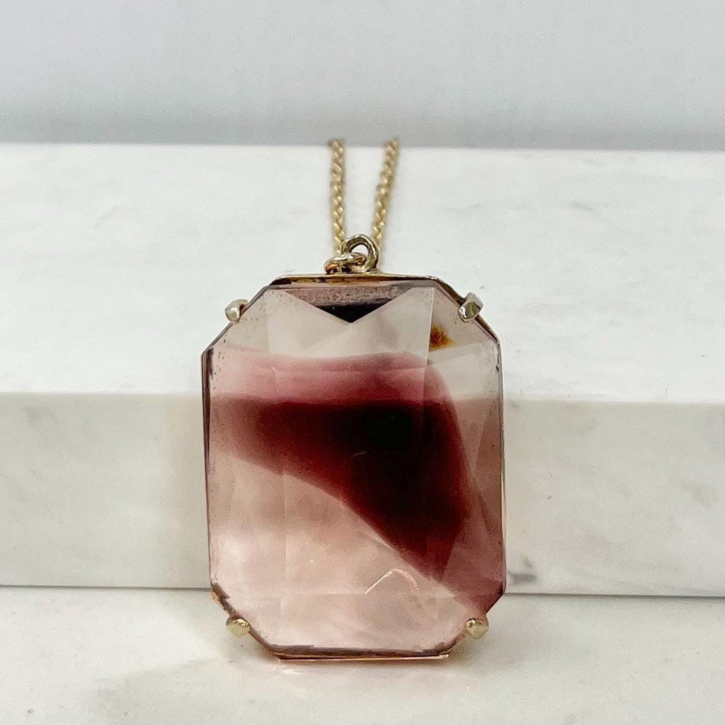 Vintage 1960‘s Gold Tone Large Rectangular Amethyst Glass Pendant Necklace with a 24” Chain MillyOliverVintage