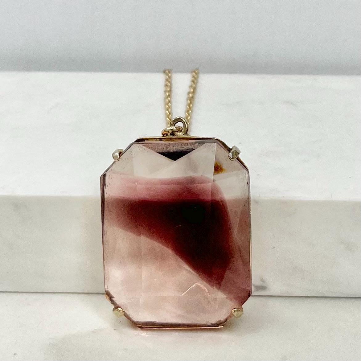 Vintage 1960‘s Gold Tone Large Rectangular Amethyst Glass Pendant Necklace with a 24” Chain MillyOliverVintage