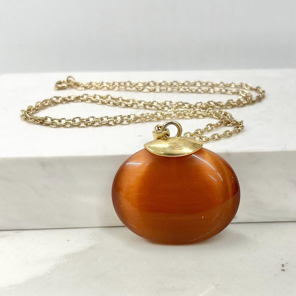 Vintage 1970‘s Gold Tone Large Oval Satin Glass Pendant Necklace with a 24” Curb Chain MillyOliverVintage