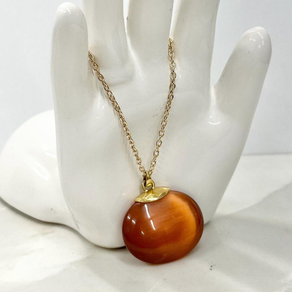 Vintage 1970‘s Gold Tone Large Oval Satin Glass Pendant Necklace with a 24” Curb Chain MillyOliverVintage