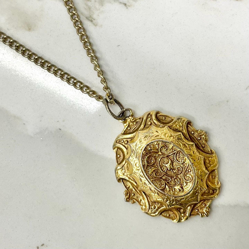 Vintage 1970‘s Gold Tone Large Oval Victorian Style Pendant Necklace with a 22” Curb Chain MillyOliverVintage