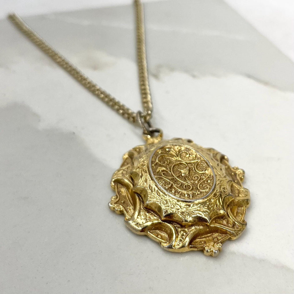 Vintage 1970‘s Gold Tone Large Oval Victorian Style Pendant Necklace with a 22” Curb Chain MillyOliverVintage