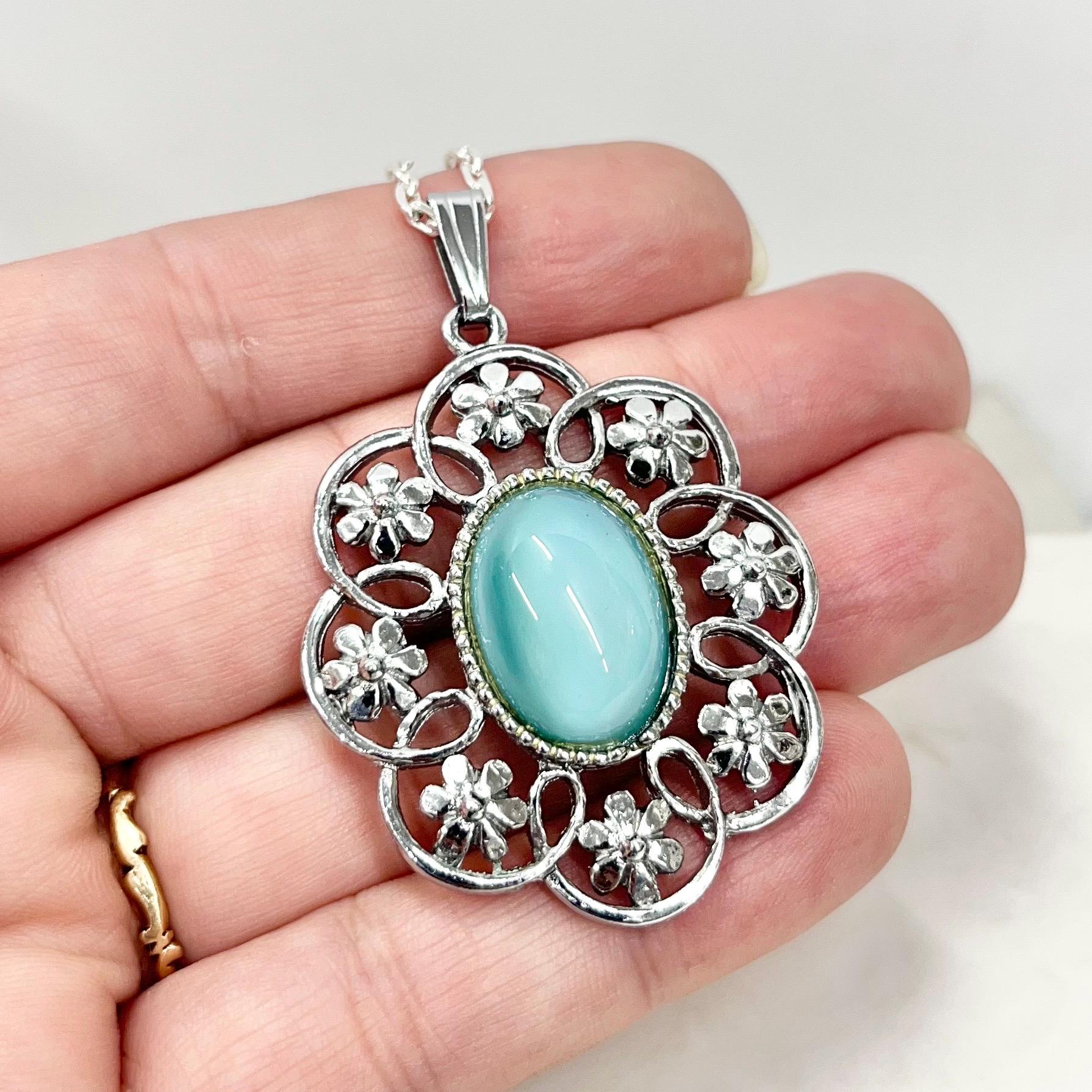 Vintage 1970‘s Floral Silver Tone Aqua Blue Glass Cabochon Pendant Necklace with an 18” Chain MillyOliverVintage