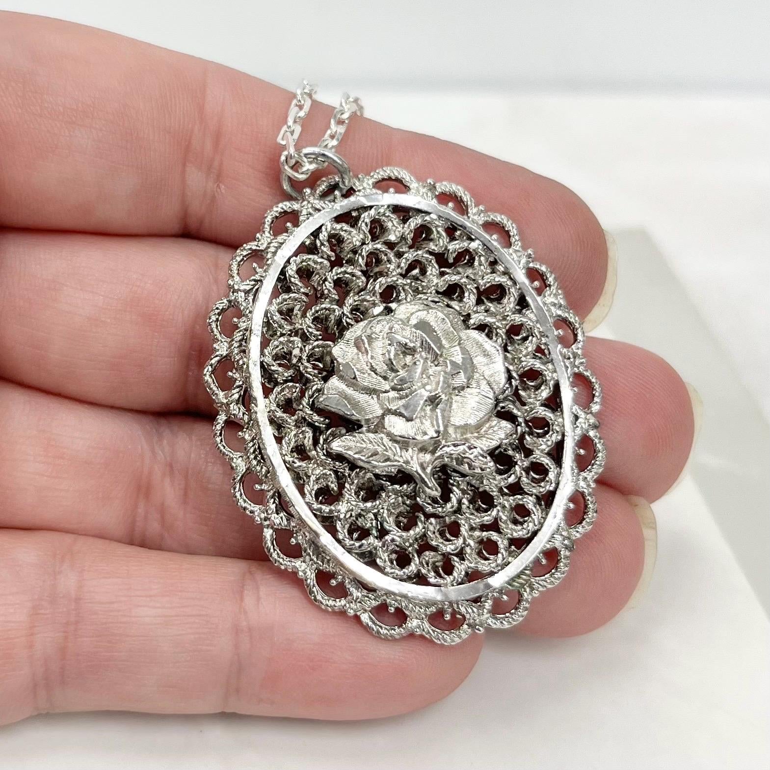 Vintage 1970‘s Floral Rose Silver Tone Filigree Pendant Necklace with an 18” Chain MillyOliverVintage