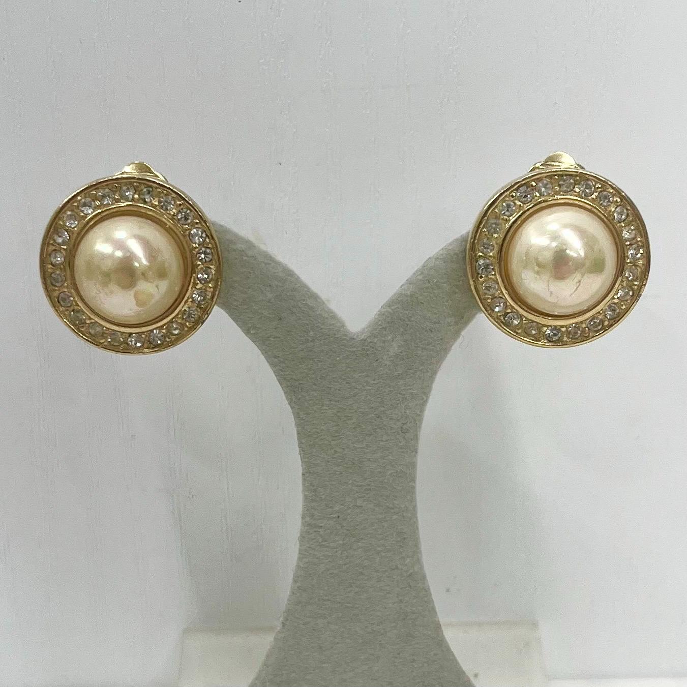 Vintage Christian Dior Gold Plate Faux Pearl & Diamante Halo Clip On Earrings 1970’s - 1980’s MillyOliverVintage