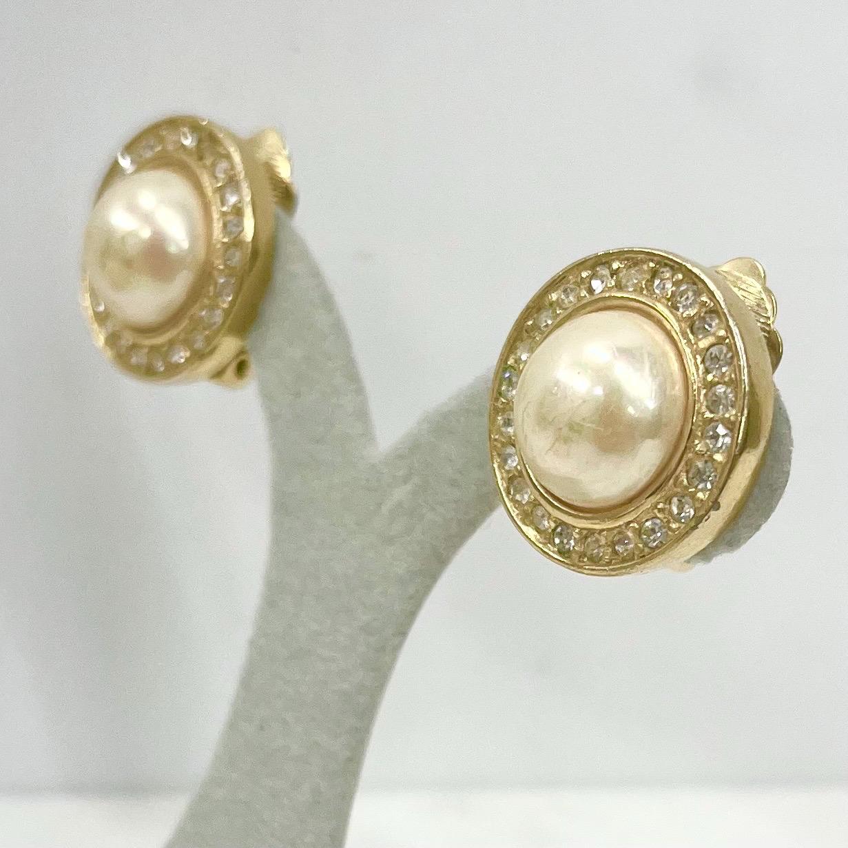 Vintage Christian Dior Gold Plate Faux Pearl & Diamante Halo Clip On Earrings 1970’s - 1980’s MillyOliverVintage