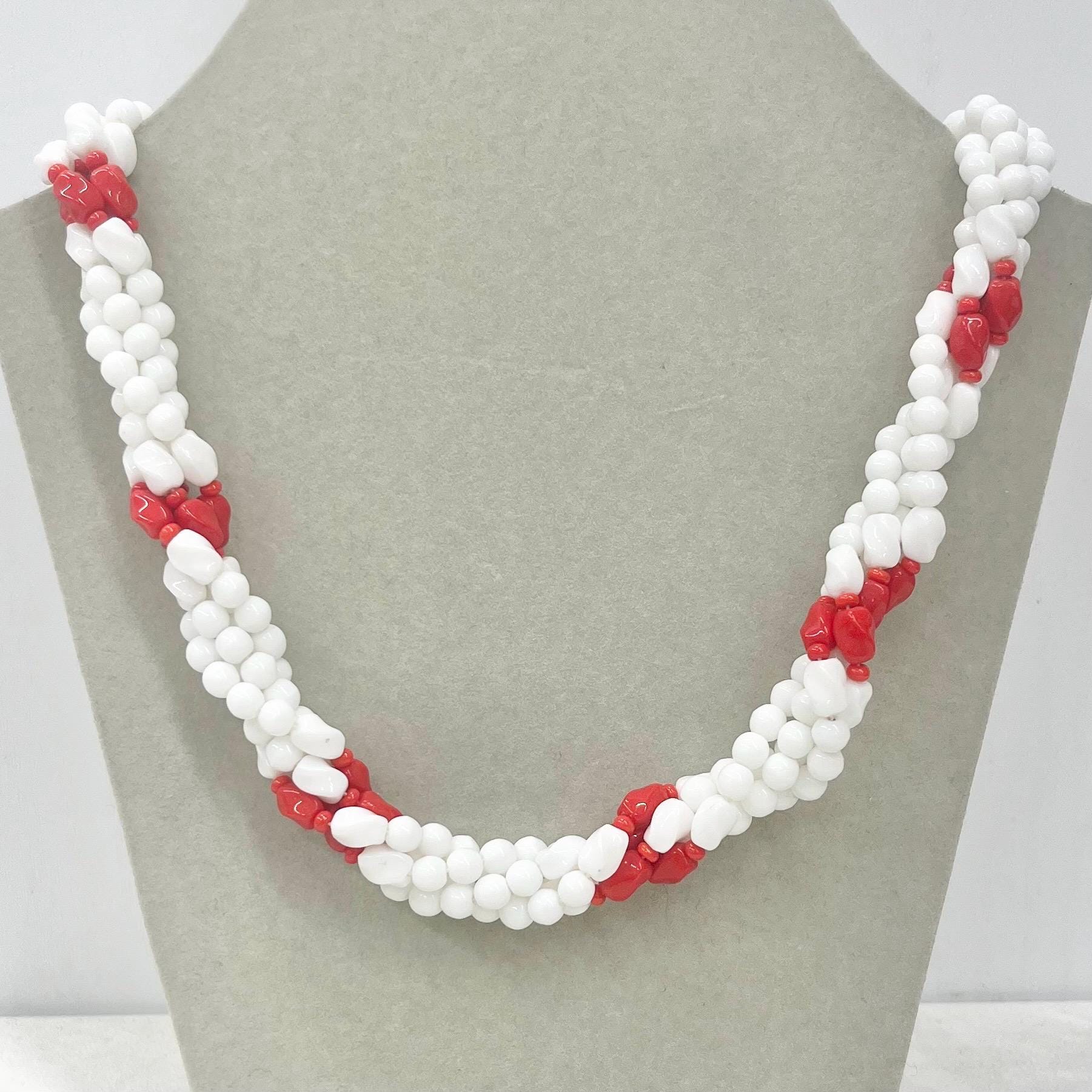 Vintage White & Red Glass Bead Multi Strand Twist Necklace Excellent Quality Beads Vintage Jewellery 17” Long MillyOliverVintage