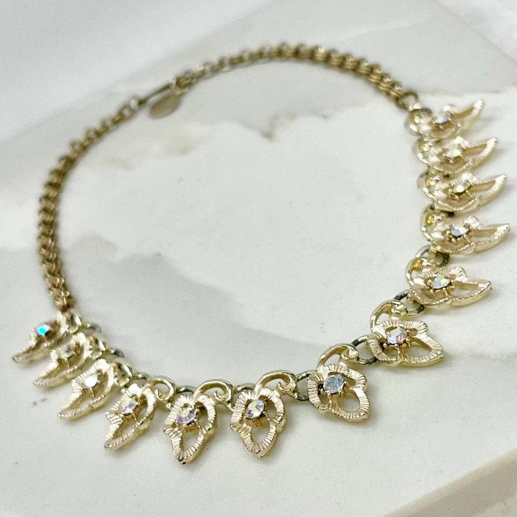 Vintage Gold Tone Leaf Drop Diamante Necklace 1960’s - 1970’s MillyOliverVintage
