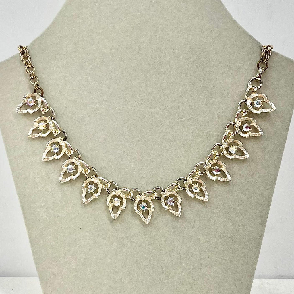 Vintage Gold Tone Leaf Drop Diamante Necklace 1960’s - 1970’s MillyOliverVintage