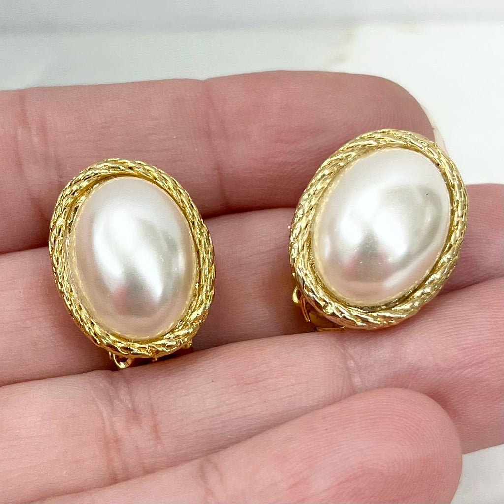 Vintage Gold Tone Classic Faux Pearl Oval Clip On Earrings 1970’s - 1980’s MillyOliverVintage