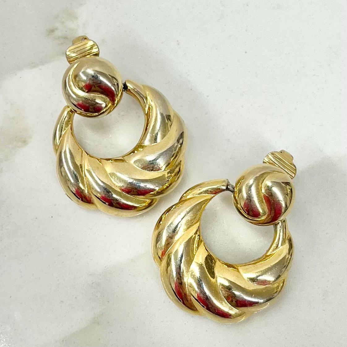 Vintage Gold Plate Large Hoop Drop Clip On Earrings: Hollywood Glamour Signed TAT MillyOliverVintage