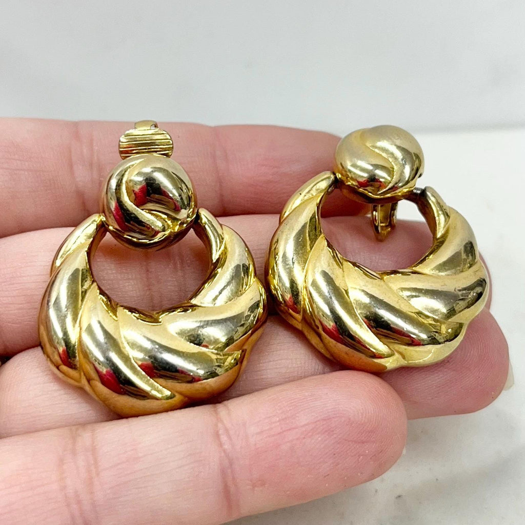 Vintage Gold Plate Large Hoop Drop Clip On Earrings: Hollywood Glamour Signed TAT MillyOliverVintage