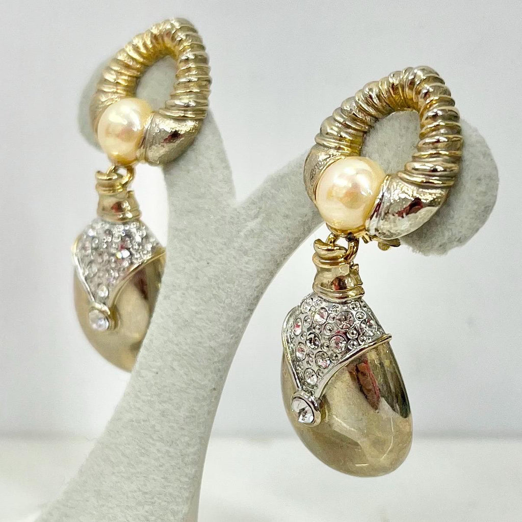 Vintage Gold Tone Diamante Crystal Drop & Faux Pearl Clip On Earrings 1970’s - 1980’s MillyOliverVintage