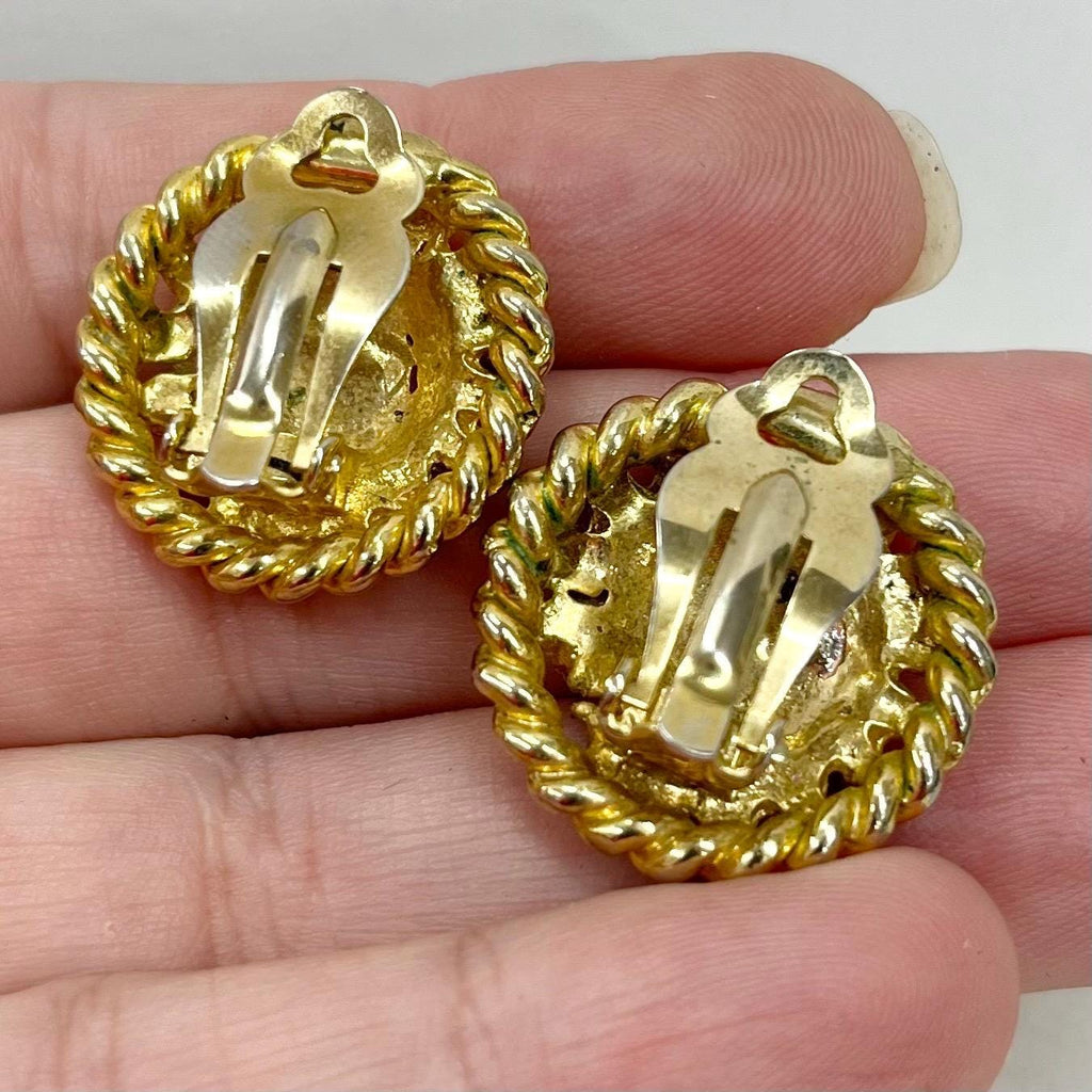 Vintage Gold Tone Round Etruscan Style Clip On Earrings with Diamante Crystal Accents 1970’s - 1980’s MillyOliverVintage