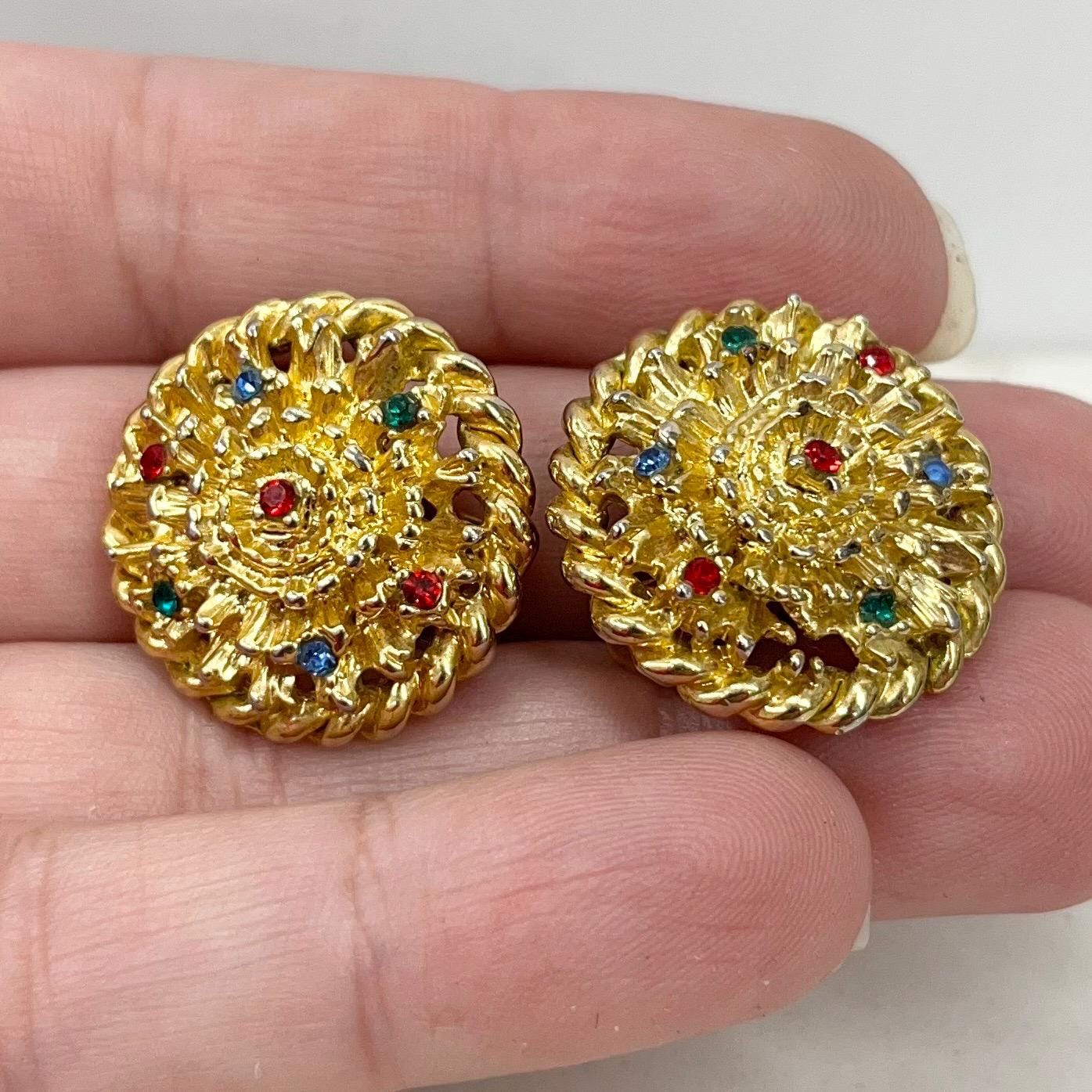 Vintage Gold Tone Round Etruscan Style Clip On Earrings with Diamante Crystal Accents 1970’s - 1980’s MillyOliverVintage