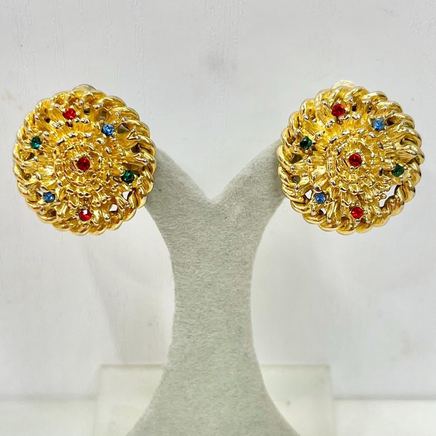 Vintage Gold Tone Round Etruscan Style Clip On Earrings with Diamante Crystal Accents 1970’s - 1980’s MillyOliverVintage