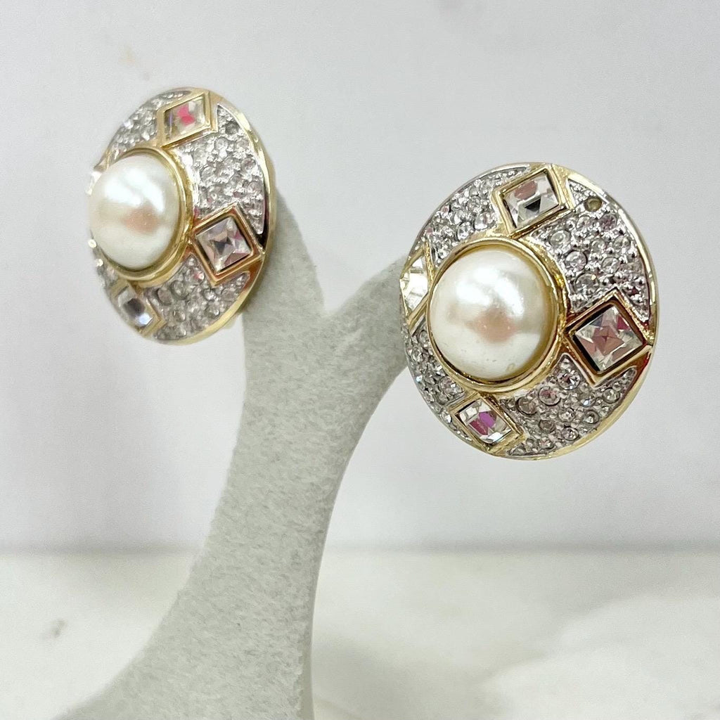 Vintage Gold Tone Round Designer Style Clip On Earrings with Diamante Crystals & Faux Pearls 1970’s - 1980’s MillyOliverVintage