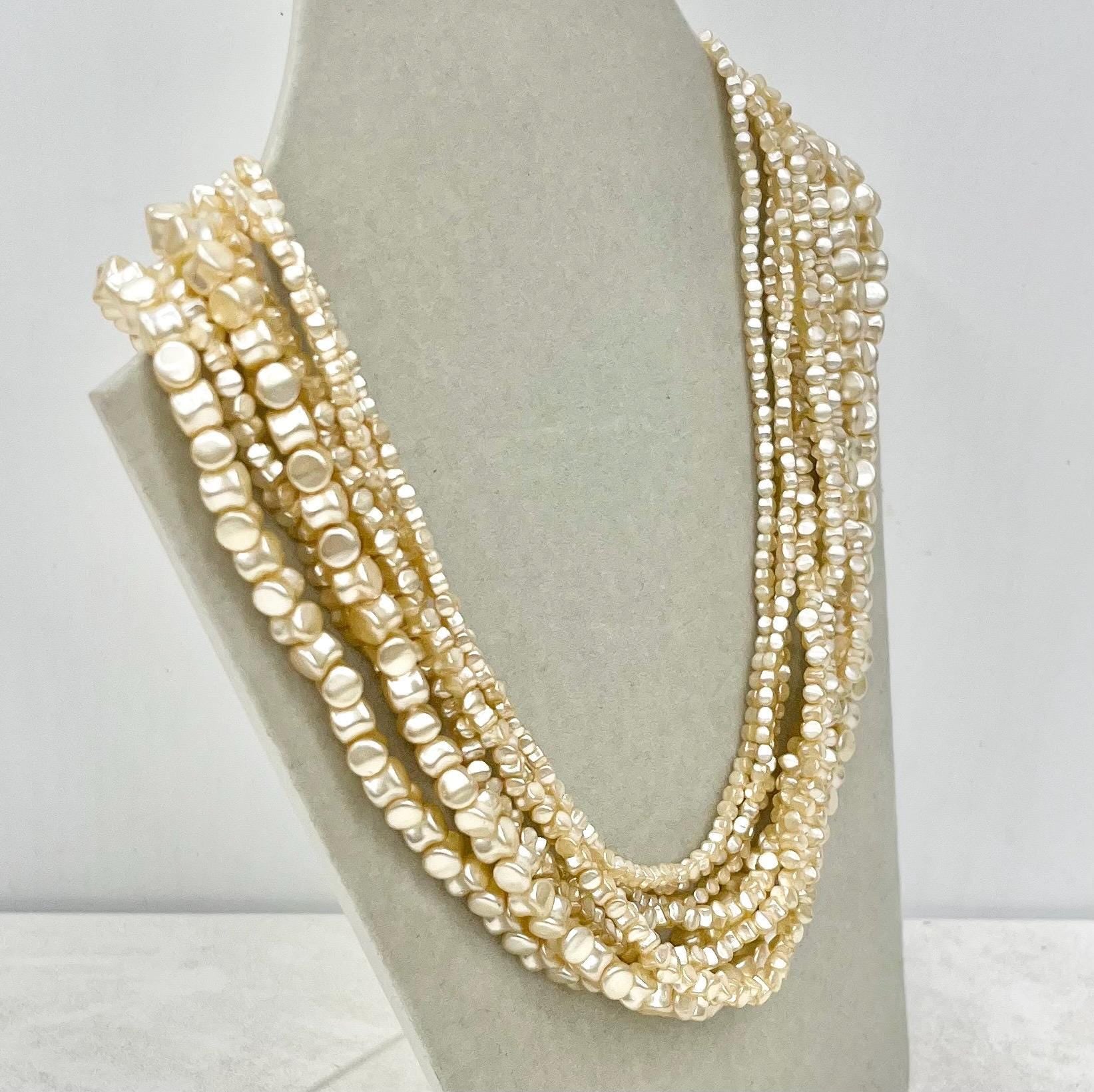 Vintage 8 Strand Faux Pearl Bead Necklace Multi Strand Cream with Diamante Hook Clasp MillyOliverVintage