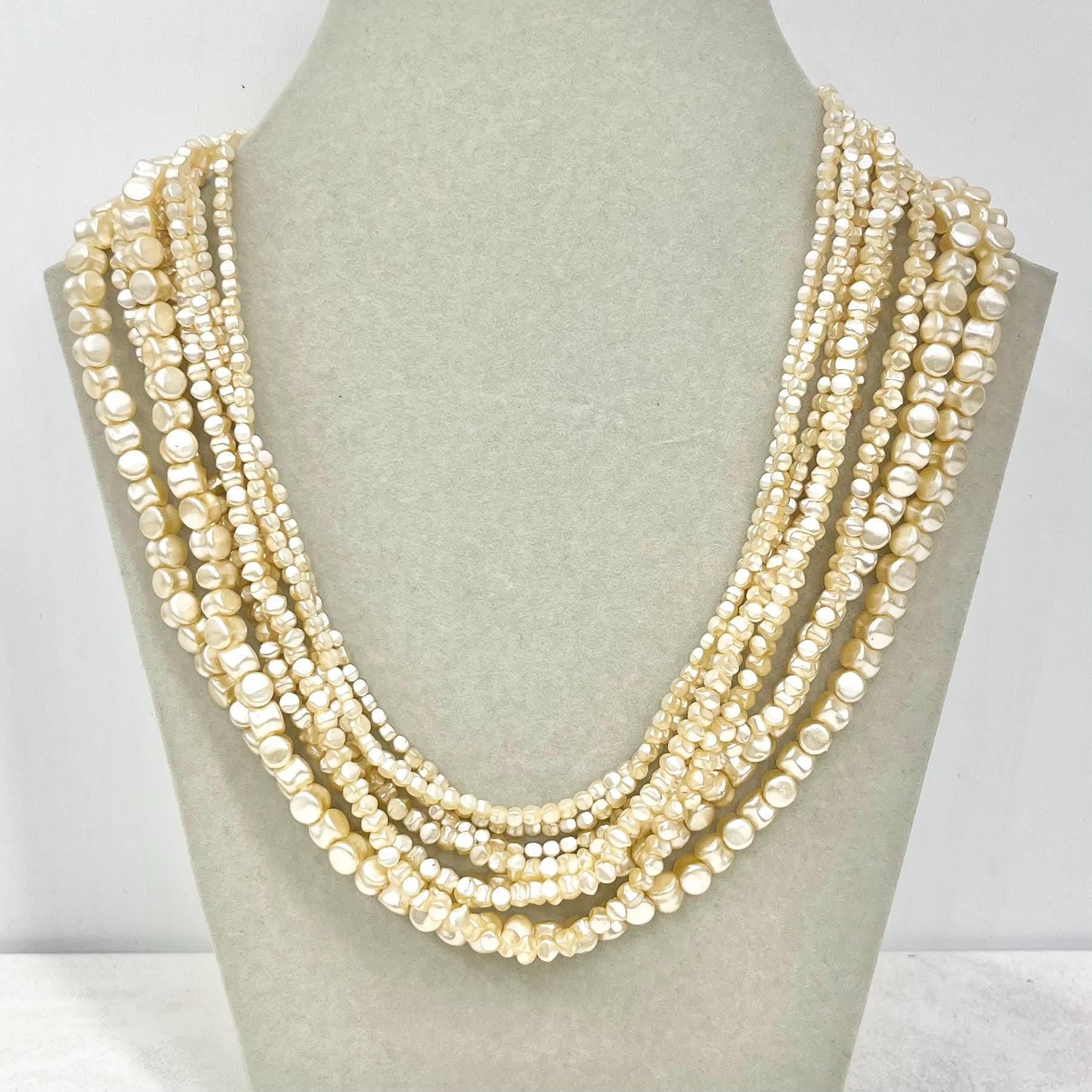 Vintage 8 Strand Faux Pearl Bead Necklace Multi Strand Cream with Diamante Hook Clasp MillyOliverVintage