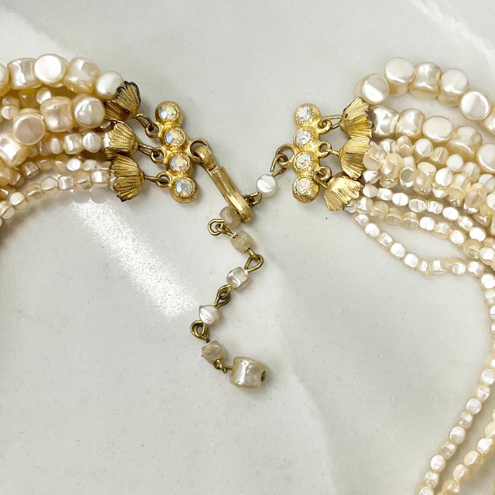Vintage 8 Strand Faux Pearl Bead Necklace Multi Strand Cream with Diamante Hook Clasp MillyOliverVintage