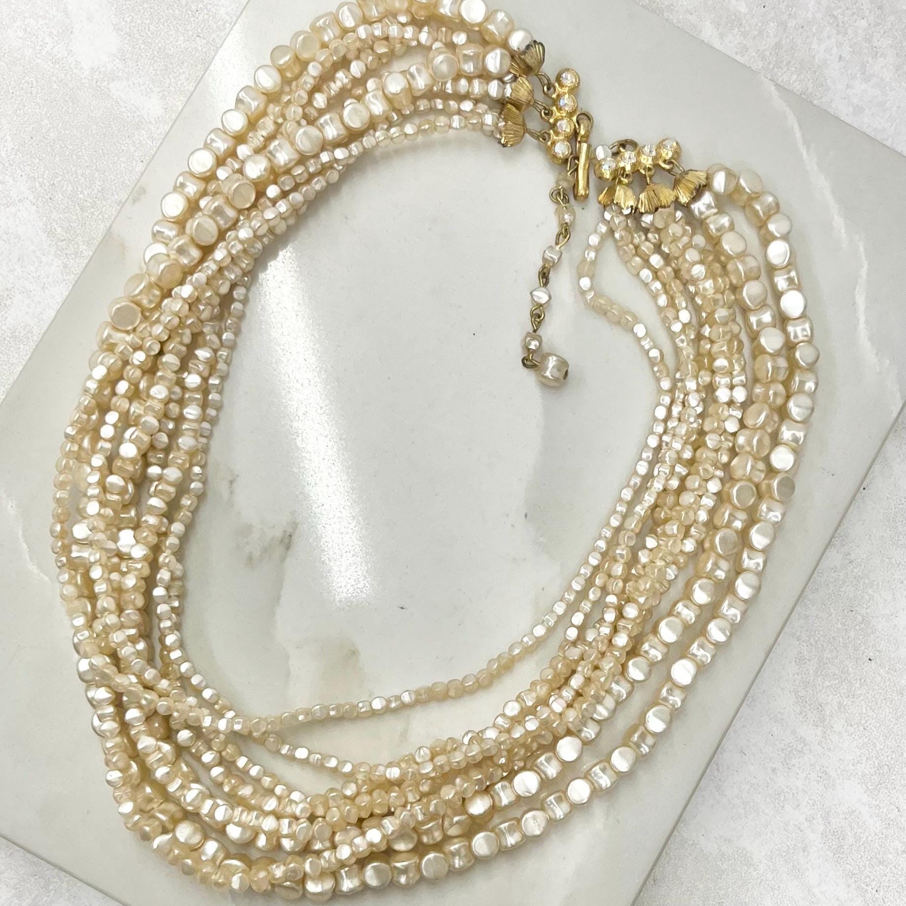 Vintage 8 Strand Faux Pearl Bead Necklace Multi Strand Cream with Diamante Hook Clasp MillyOliverVintage