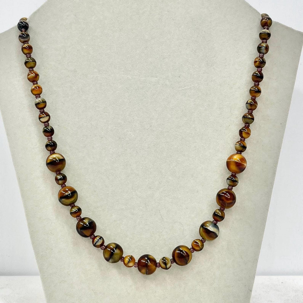 Vintage 1950’s 1960’s Brown Striped Czech Glass Bead Necklace 23.5” Long MillyOliverVintage