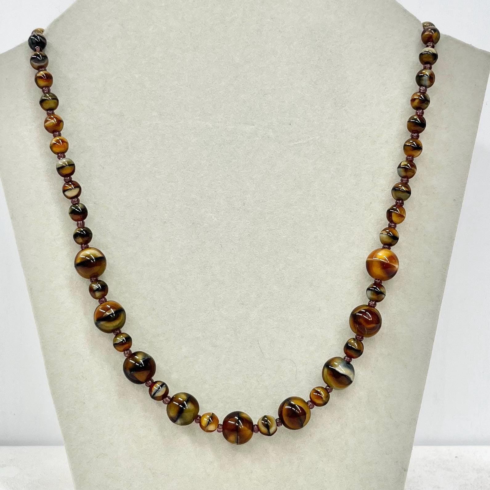 Vintage 1950’s 1960’s Brown Striped Czech Glass Bead Necklace 23.5” Long MillyOliverVintage