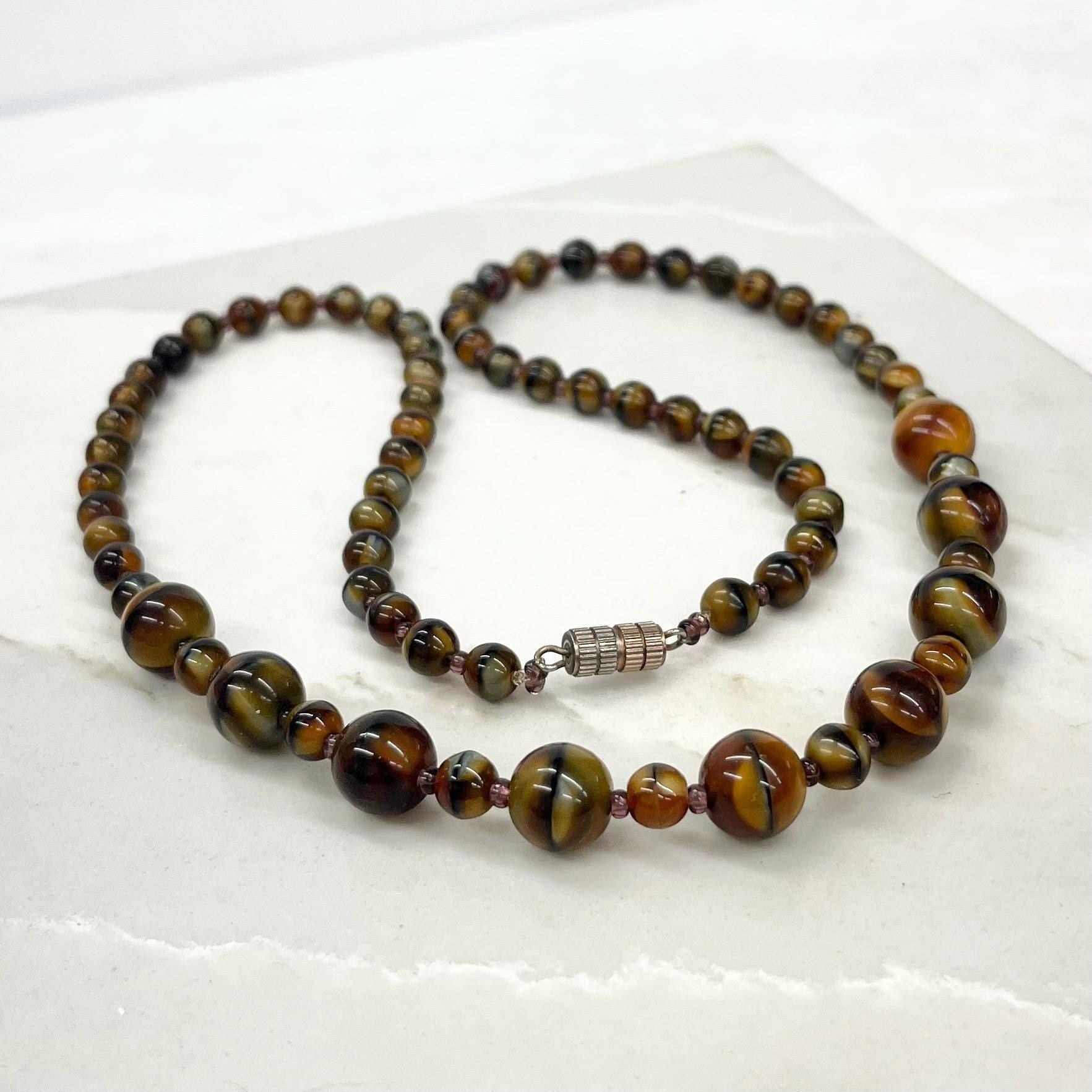 Vintage 1950’s 1960’s Brown Striped Czech Glass Bead Necklace 23.5” Long MillyOliverVintage