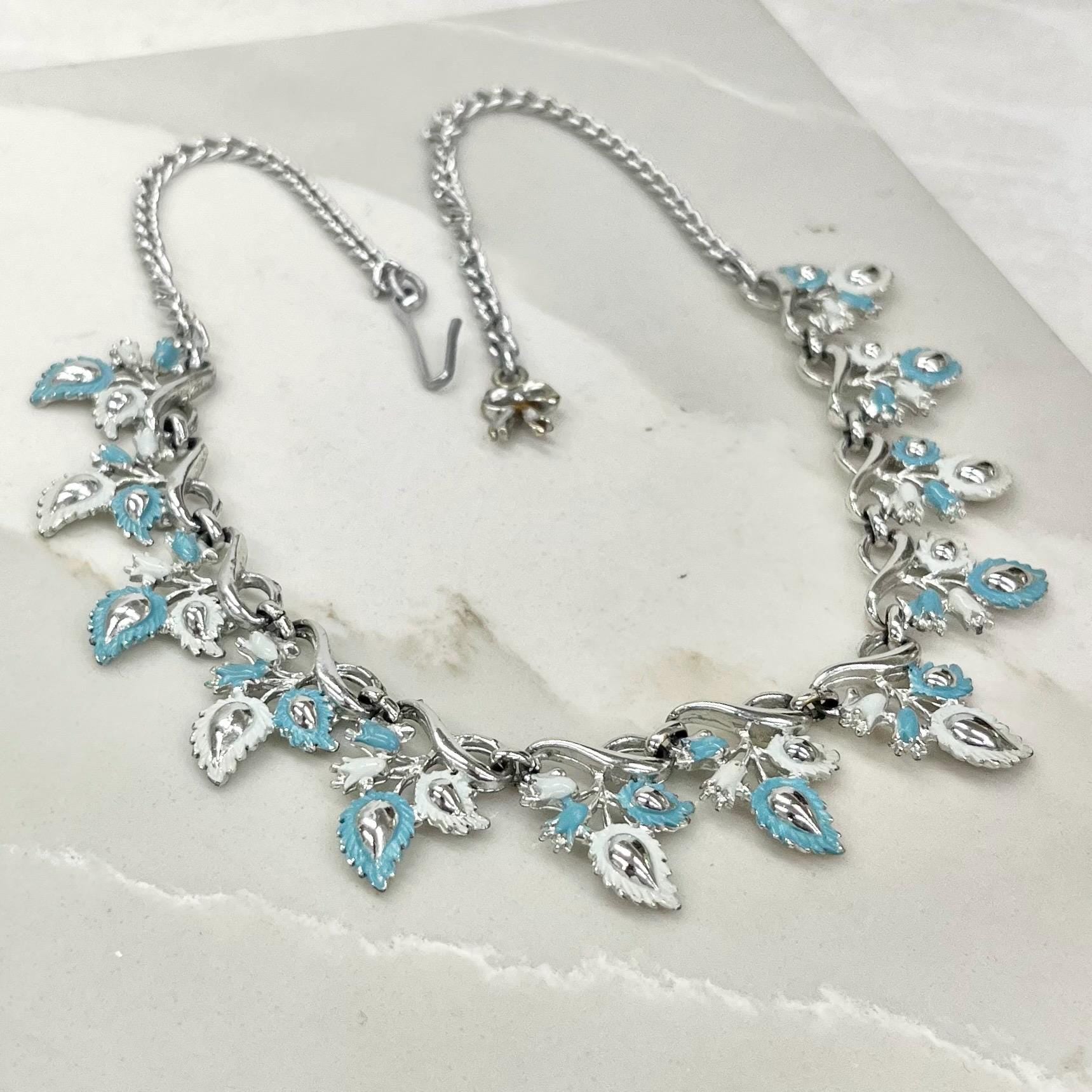 Vintage Leaf Design Silver Tone Blue Enamelled Chain Necklace with a Hook Clasp 18” Long Adjustable MillyOliverVintage