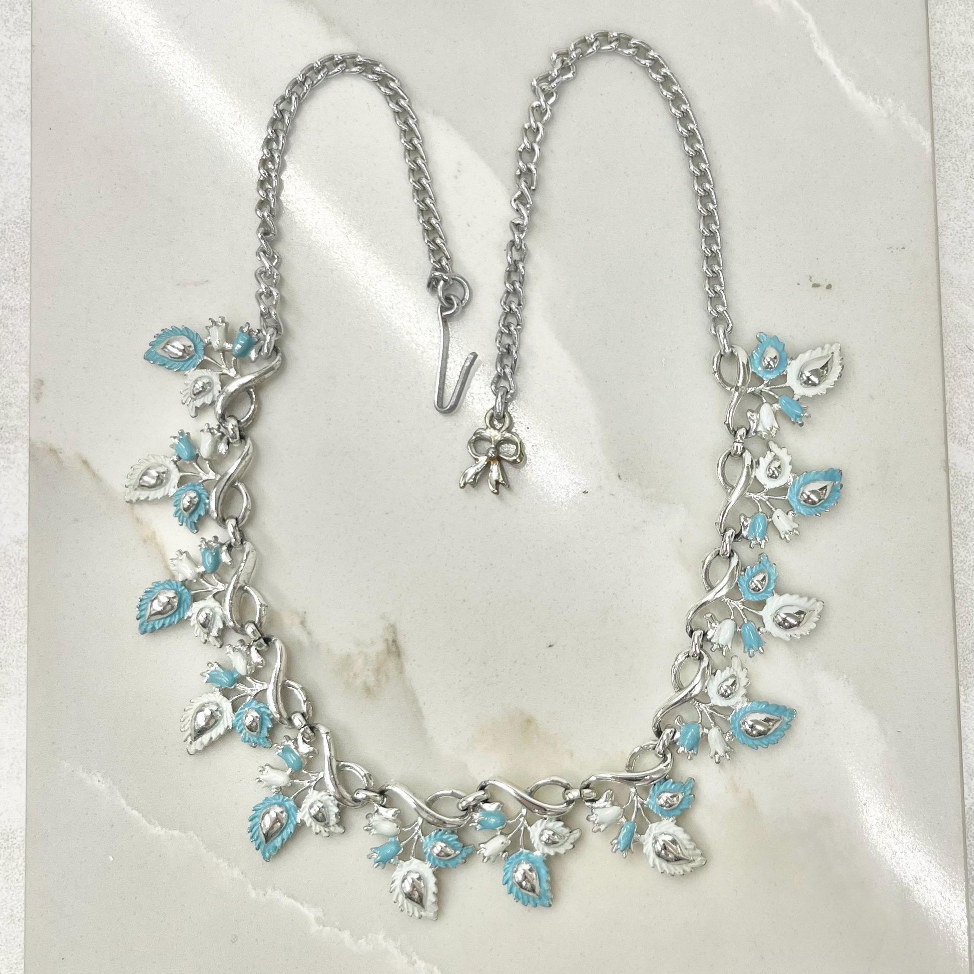 Vintage Leaf Design Silver Tone Blue Enamelled Chain Necklace with a Hook Clasp 18” Long Adjustable MillyOliverVintage