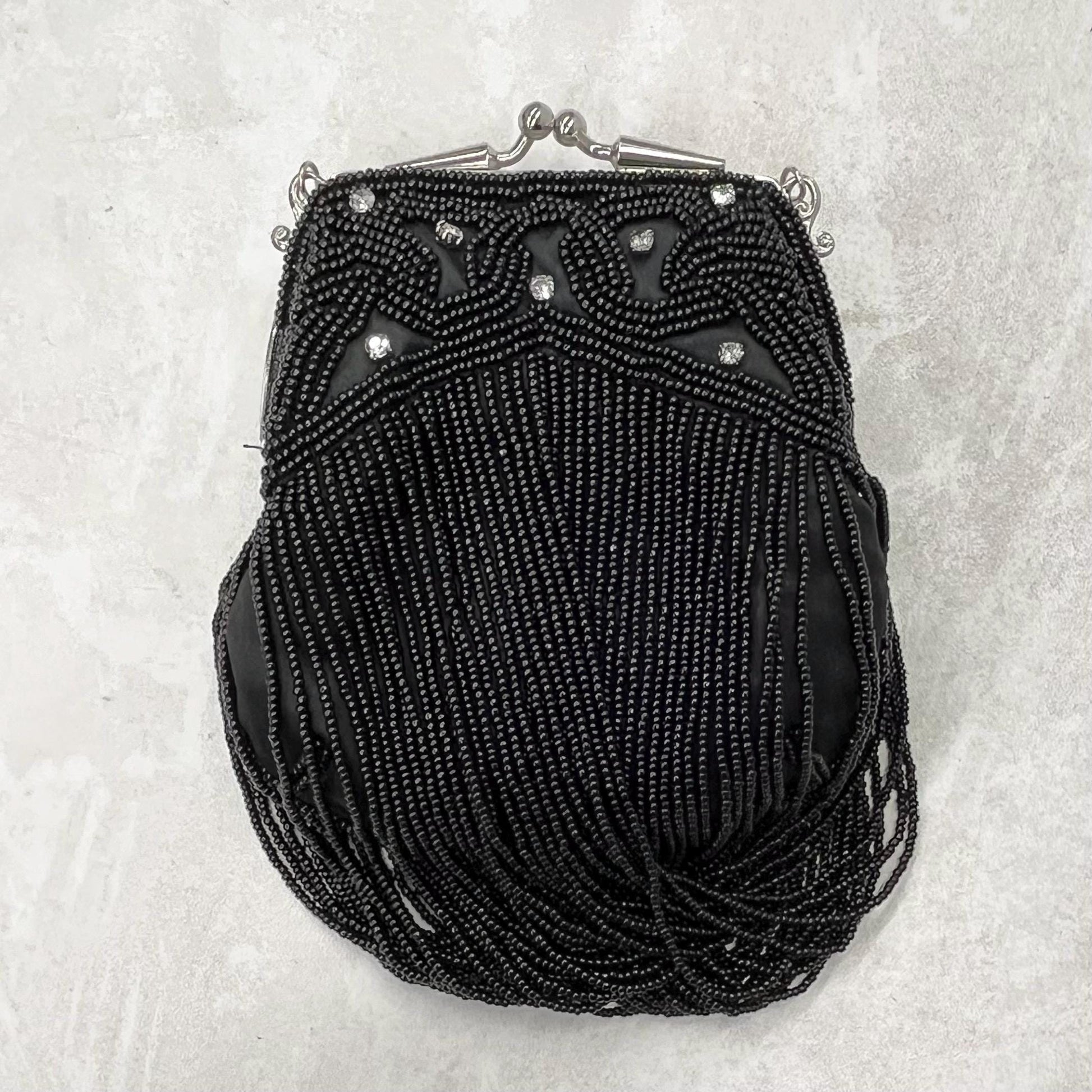 Vintage Black Beaded Crystal Rhinestone Evening Bag by Farfalla London MillyOliverVintage