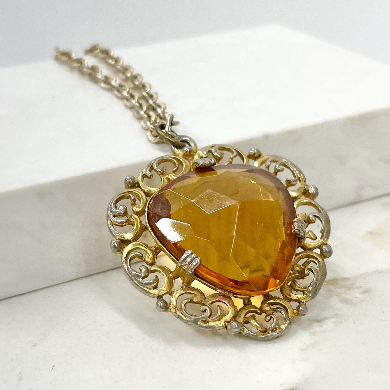 Vintage 1960‘s Gold Tone Large Amber Glass Pendant Necklace with a 28” Chain MillyOliverVintage
