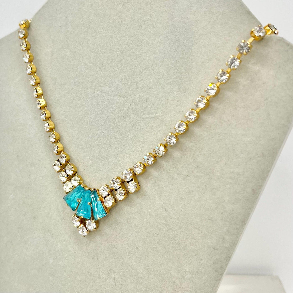 Vintage Gold Tone Turquoise and Clear Crystal Necklace: 1960s Diamante Sparkle MillyOliverVintage