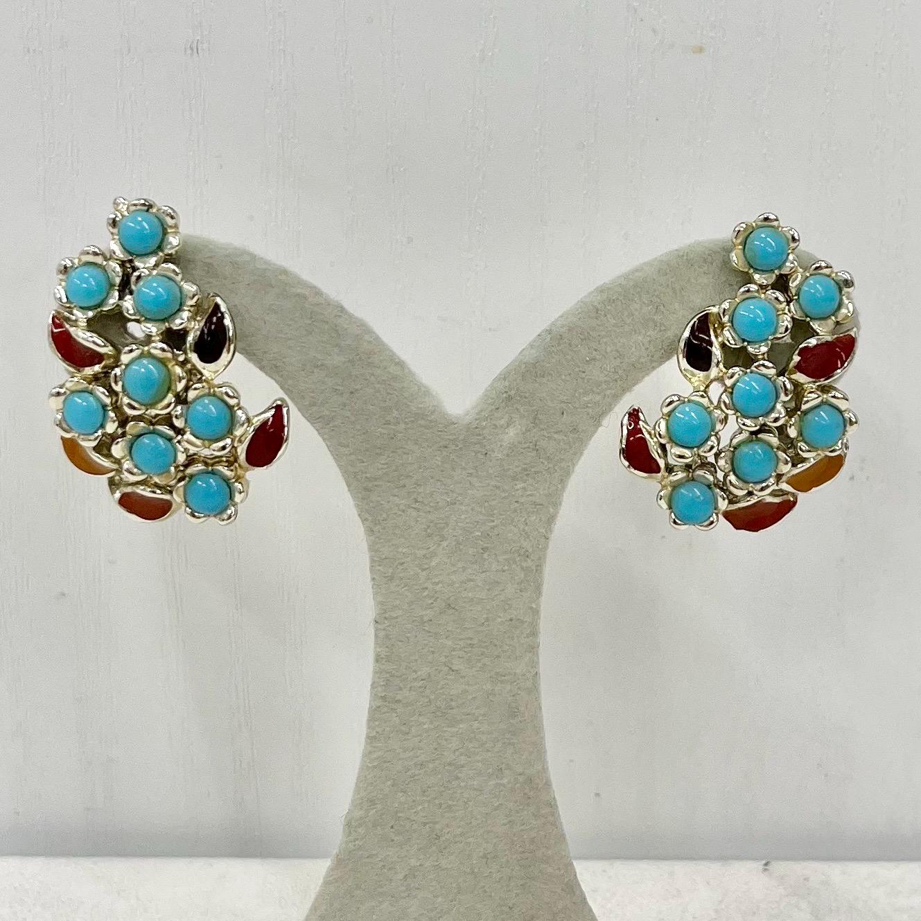 Vintage Faux Turquoise Blue & Enamel Jewelcraft Clip On Earrings Gold Plated Hollywood Glamour MillyOliverVintage