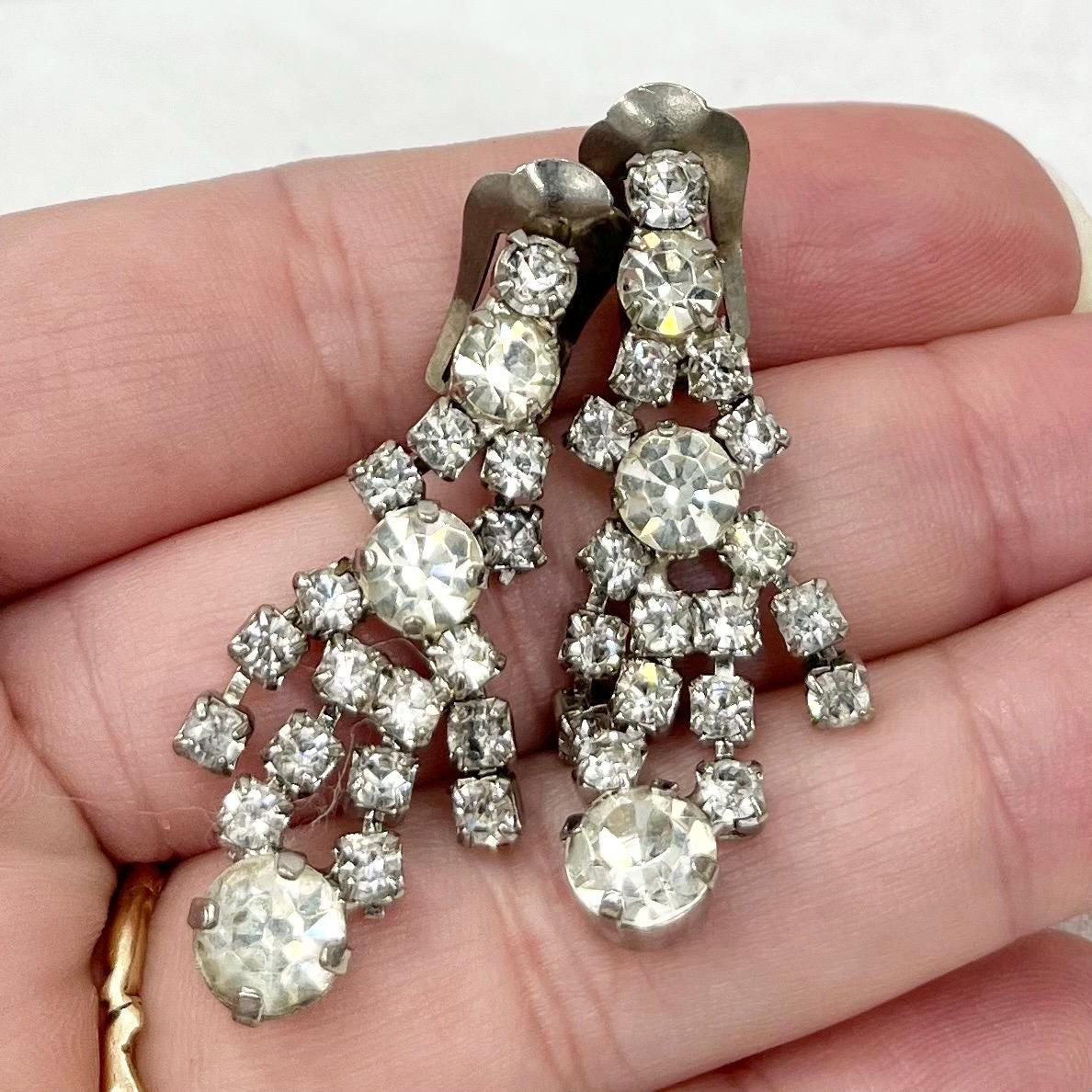 Vintage Clear Crystal Drop Clip On Earrings Silver Tone Statement Style 1960’s - 1970’s Bridal Earrings MillyOliverVintage