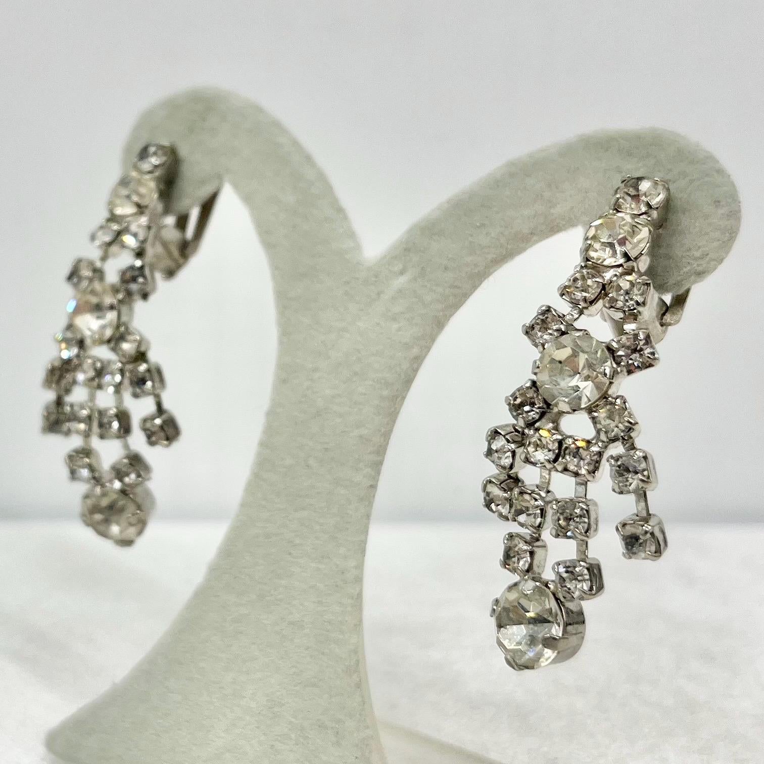 Vintage Clear Crystal Drop Clip On Earrings Silver Tone Statement Style 1960’s - 1970’s Bridal Earrings MillyOliverVintage