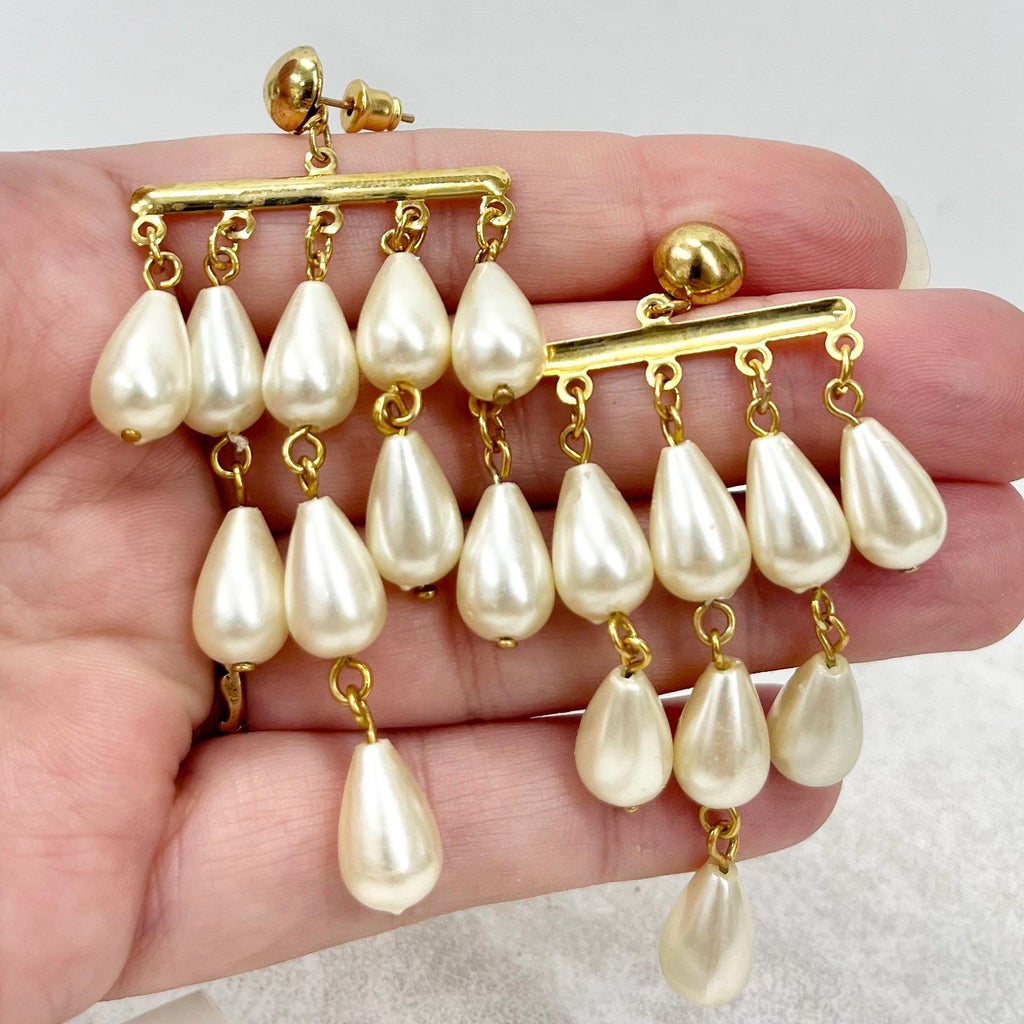 Vintage Gold Tone Chandelier Pearl Drip Earrings for Pierced Ears 1980’s - 1990’s MillyOliverVintage