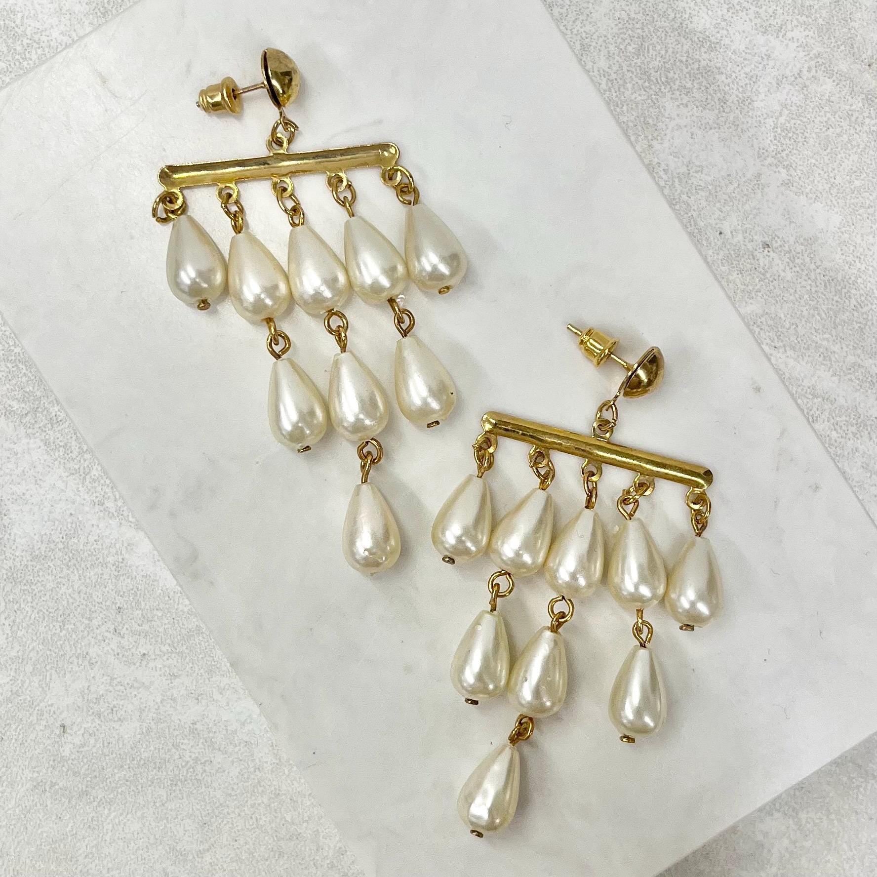 Vintage Gold Tone Chandelier Pearl Drip Earrings for Pierced Ears 1980’s - 1990’s MillyOliverVintage