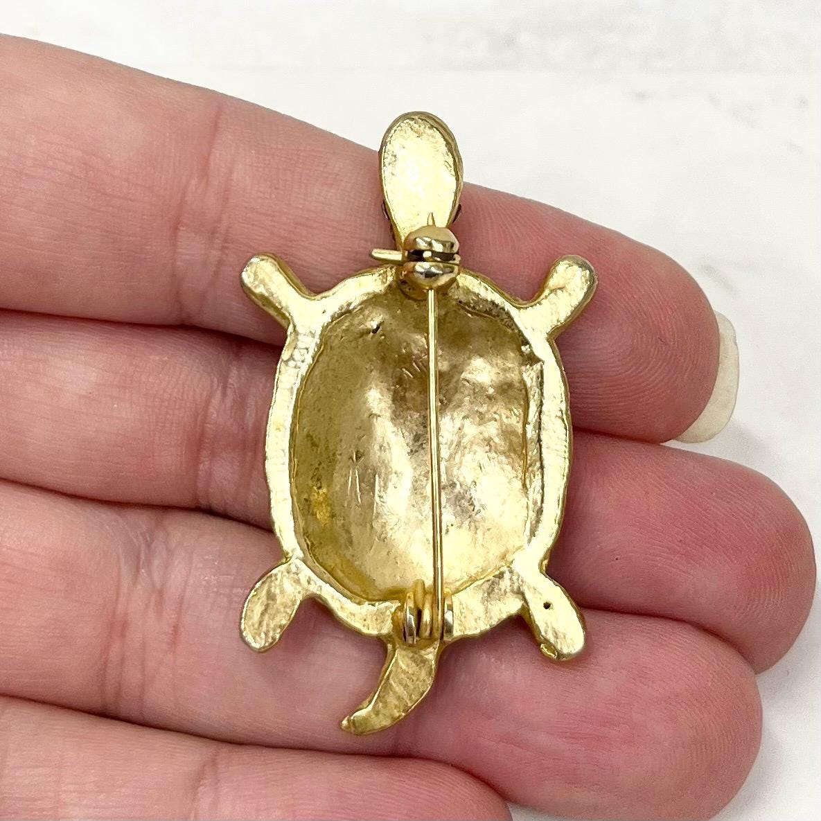 Vintage Gold Plated Turtle / Tortoise Brooch with Enamel & Diamante Crystals MillyOliverVintage