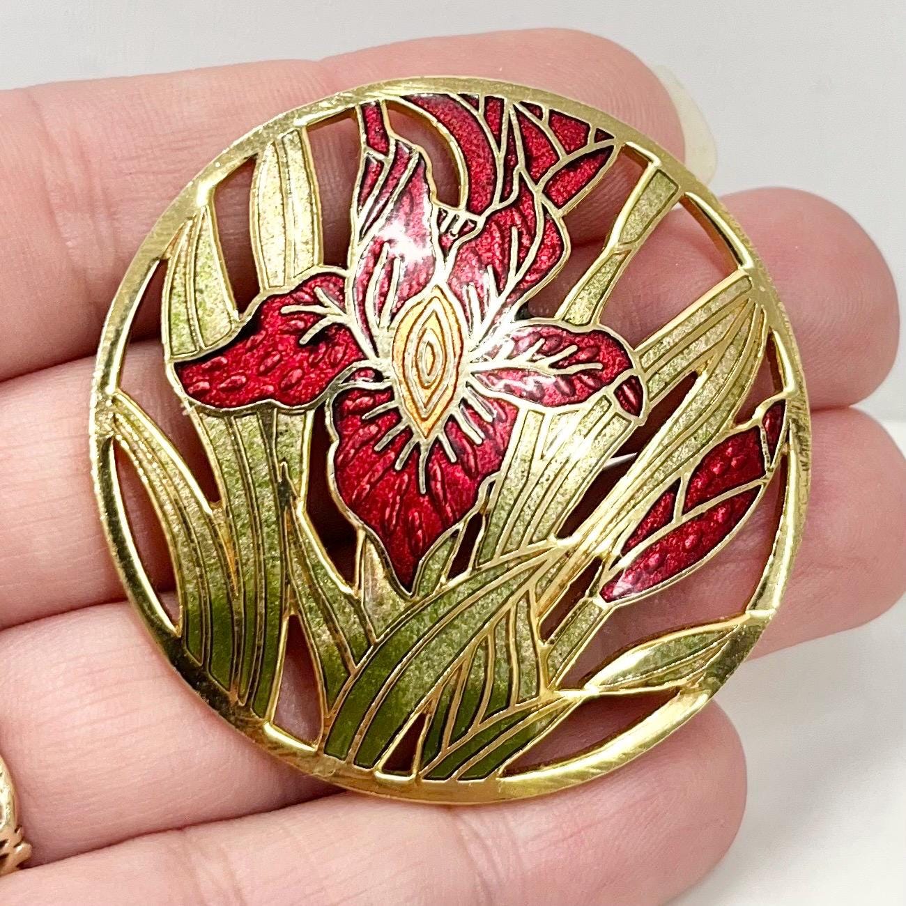 Vintage Gold Tone Cloisonne Enamel Orchid Brooch MillyOliverVintage