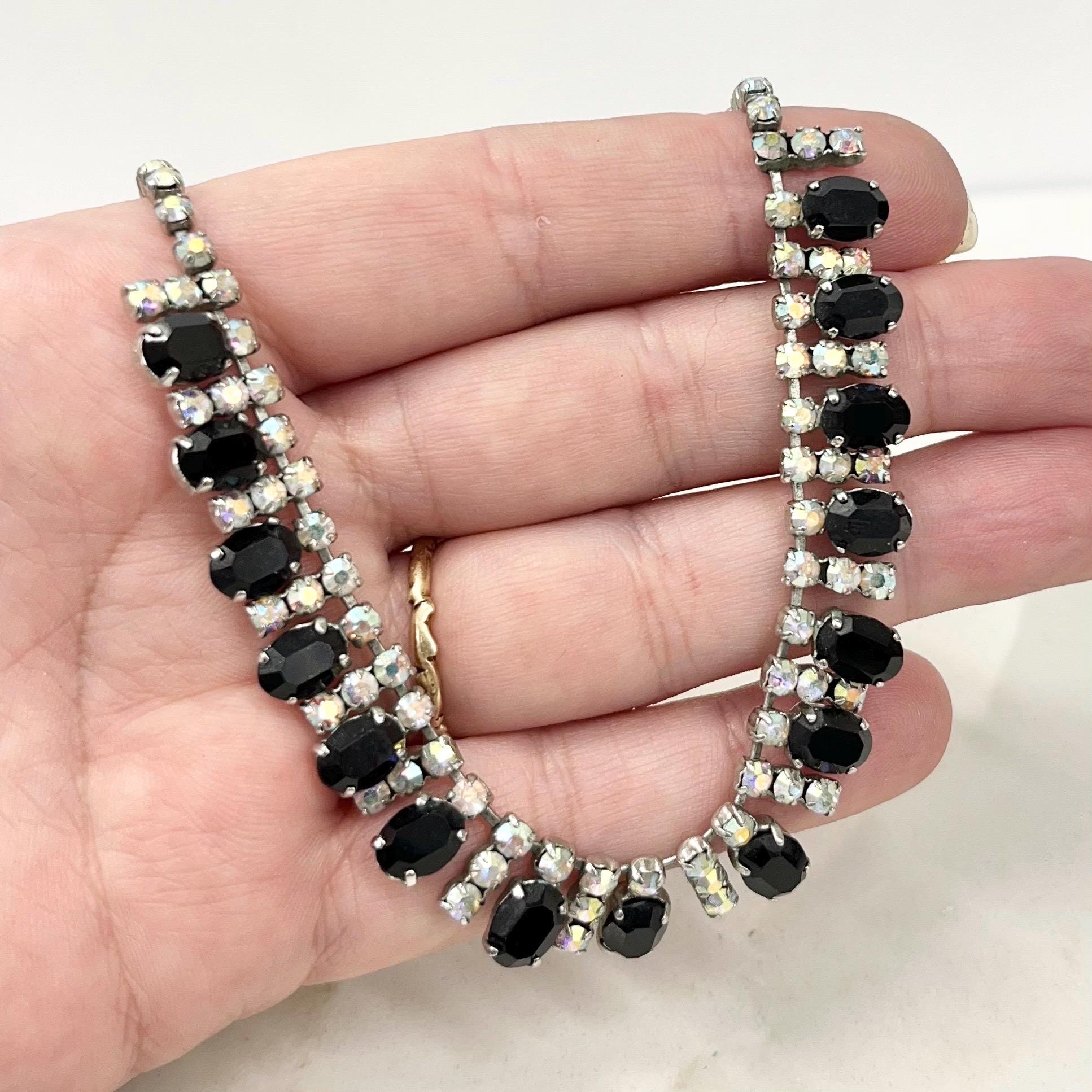 Vintage Black Crystal and Aurora Borealis Diamante Paste Necklace : Perfect for Brides or Party Wear MillyOliverVintage