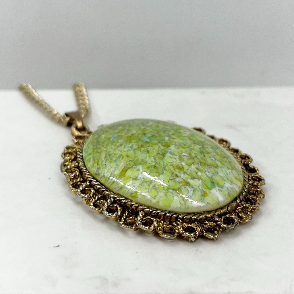 Vintage 1960‘s Gold Tone Large Green Glass Cabochon Pendant Necklace with a 22” Curb Chain with a 1.5” Extender Chain MillyOliverVintage