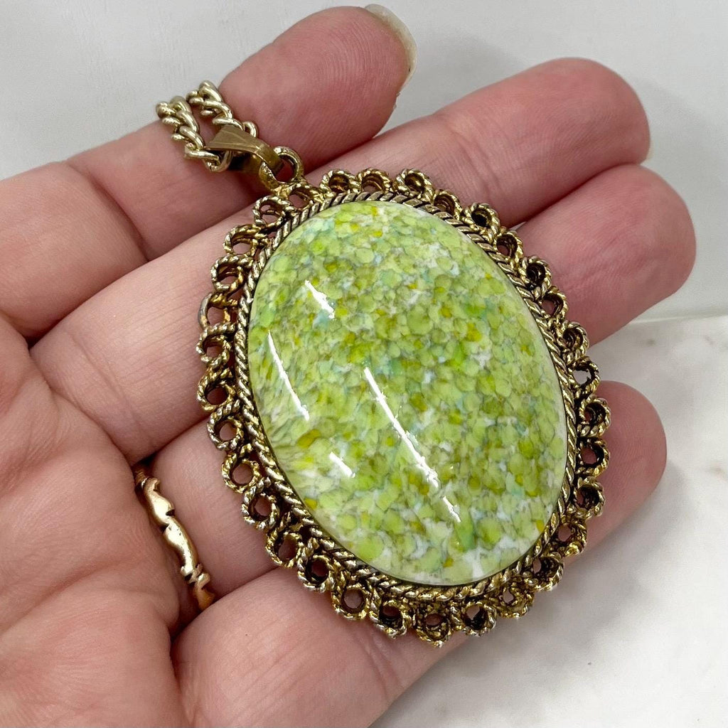 Vintage 1960‘s Gold Tone Large Green Glass Cabochon Pendant Necklace with a 22” Curb Chain with a 1.5” Extender Chain MillyOliverVintage