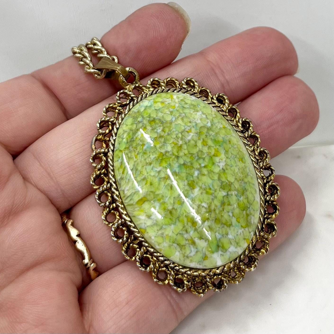 Vintage 1960‘s Gold Tone Large Green Glass Cabochon Pendant Necklace with a 22” Curb Chain with a 1.5” Extender Chain MillyOliverVintage