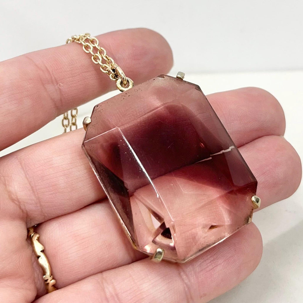 Vintage 1960‘s Gold Tone Large Rectangular Amethyst Glass Pendant Necklace with a 24” Chain MillyOliverVintage
