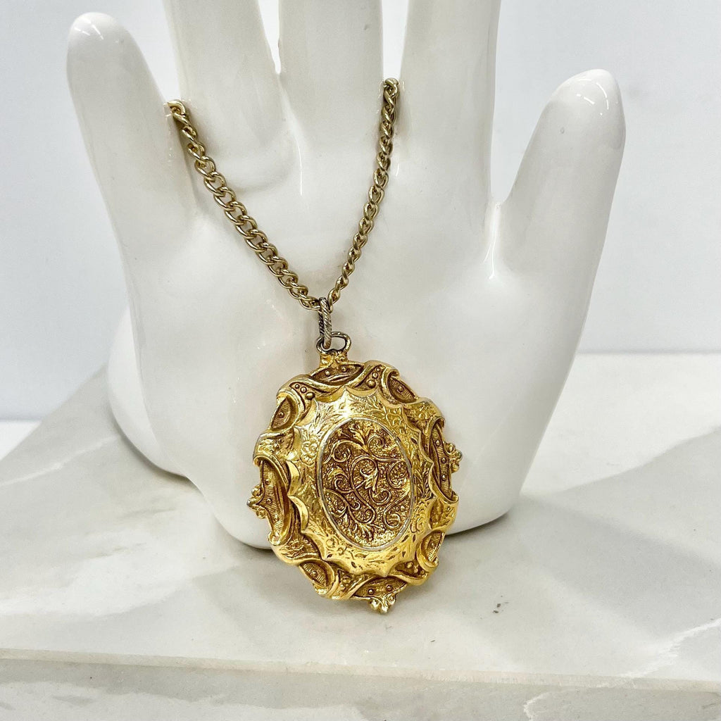 Vintage 1970‘s Gold Tone Large Oval Victorian Style Pendant Necklace with a 22” Curb Chain MillyOliverVintage