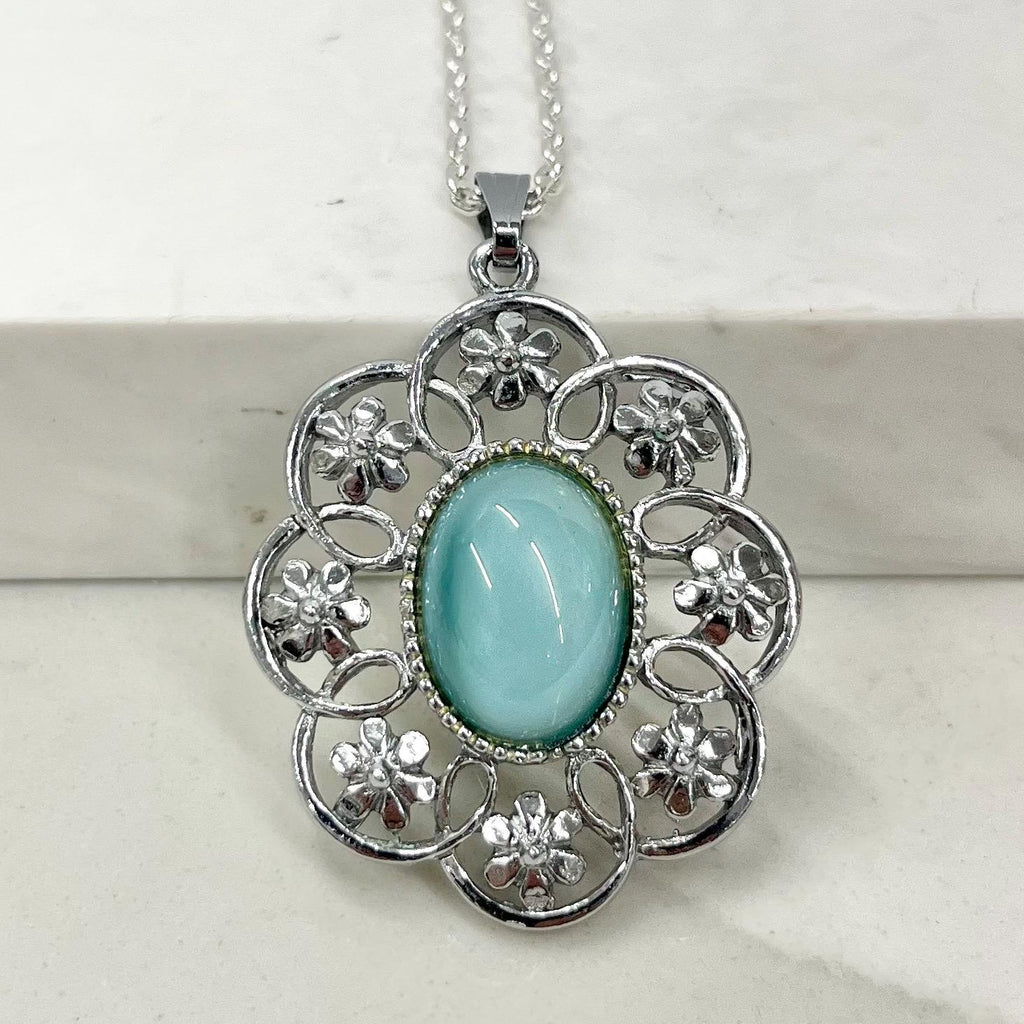 Vintage 1970‘s Floral Silver Tone Aqua Blue Glass Cabochon Pendant Necklace with an 18” Chain MillyOliverVintage
