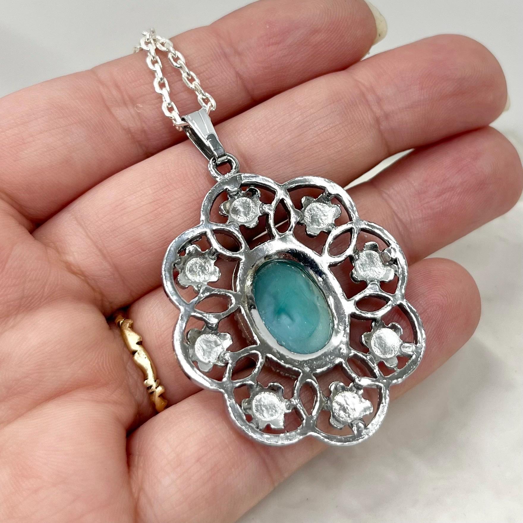 Vintage 1970‘s Floral Silver Tone Aqua Blue Glass Cabochon Pendant Necklace with an 18” Chain MillyOliverVintage